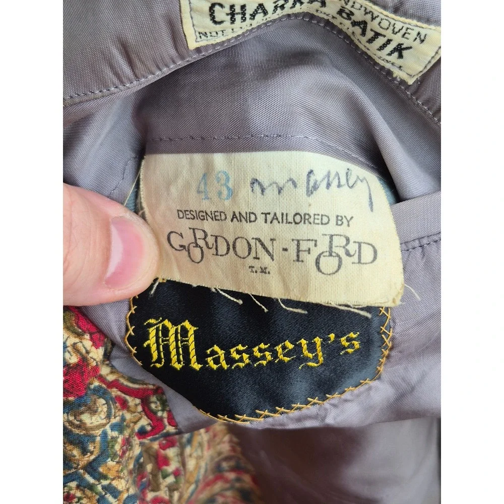 Vintage Massey's Charka Batik Blazer Mens Handwoven Tan Red Gold Sport Coat 43 R